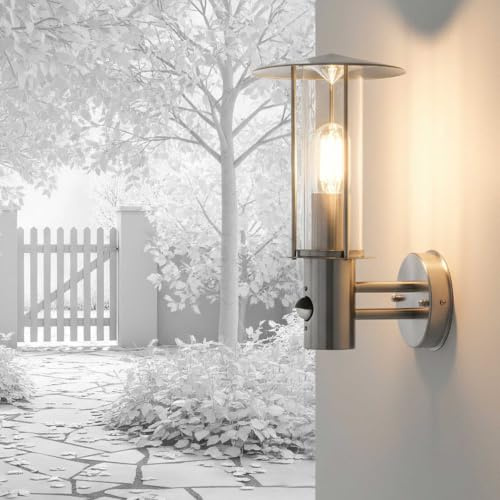 Maxkomfort Aussenleuchte Ausenwandleuchte Aussenlampe Wandleuchte Wandlampe mit Bewegungsmelder Edelstahl Glas E27 Fassung 258A1