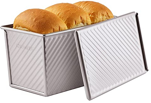 CHEFMADE Pullman Loaf Pan with Lid, 1Lb Dough Capacity Non-Stick Rectangle Corrugated Toast Box for Oven Baking 4 x 7.7x 4.3(Champagne Gold)
