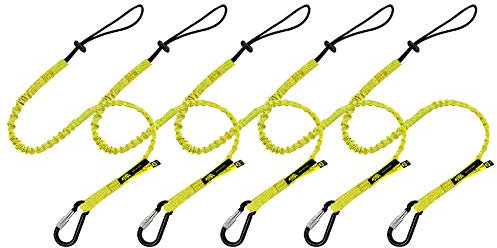 BearTOOLS Tool Lanyard with Buckle Strap - Clip Bungee Cord - Heavy Duty Screw Locking Carabiner - Fall Protection - Adjustable Loop End - Tough Tether - Construction - 5 Pack (Yellow 0925YS)