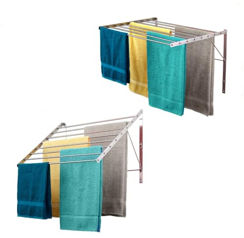 Smartsome | Wall Mounted | Clothes Drying Rack| 22 Wide |15 Linear Feet Capacity | 8 Smooth Round Stainless Steel Rods | 60 lb Capacity | Fully Assembled | Compact Sturdy Space-Saving Design