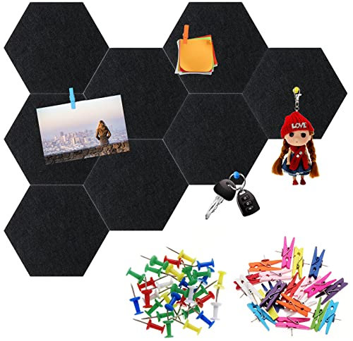 HonGien 8 Stück Filz Pinnwand Sechseckig,Selbstklebende Sechseckige Korkplatte, Hexagon Memotafeln für Foto Hängen, Büro Schlafzimmer und Wanddekoration, Schwarz