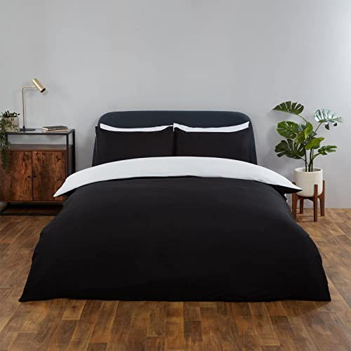 Brentfords Single Bedding Set, Ultra Soft Warm Luxurious Plain Dyed Reversible Quilt Duvet Cover Microfibre Single Duvet Cover Set with Pillowcase, Black/White