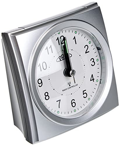 Prim Réveil Radio-piloté avec Flux Fluide, réveil en Plastique, Argent et Blanc, Amplification de l'alarme, Alarme de répétition, Fonction Lumineuse, Mouvement à Quartz, Fonctionnement précis et