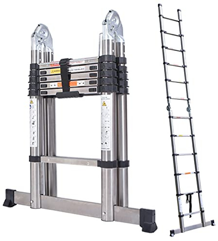 12.5FT Telescoping Ladder 1.9M+1.9M A-Frame Folding Ladder Ladder Stainless Steel Multi-Purpose Ladder with Support Bar Safety Lock Adjustable Height for Draw Wall Replace Bulb Clean Window Drain