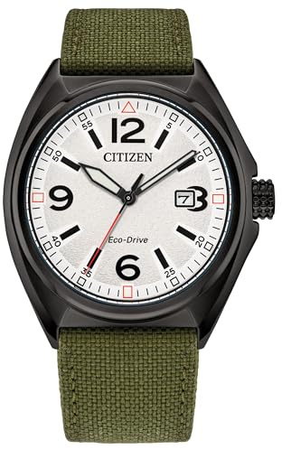 Citizen Orologio da uomo Eco-Drive Sport Casual Cinturino in Nylon Verde Quadrante Bianco 3 Lancette e Data (Modello: AW1575-16A)