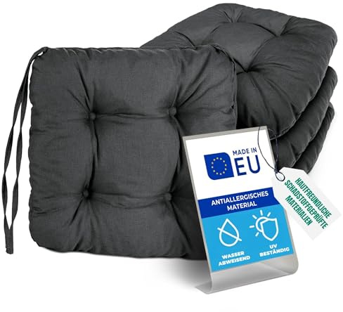 Pillows24 – 4X Sitzkissen Outdoor 40x40 – Extra Dicke 8cm – Wasser- & UV-beständig + Bändern | Bequeme Stuhlkissen, Stuhlauflage Sitzpolster, Sitzauflage Gartenstuhl | Sitzkissen Stuhl (Graphit)