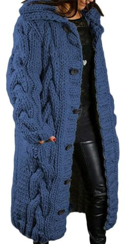Godoboo Damen Strickjacke Pullover Lang Cardigan Einfarbig Strickcardigan Outwear Winterjacke Pulli Mit Einzig Knöpfe Jacket Strickpullover Mantel Strickmantel mit Tasche