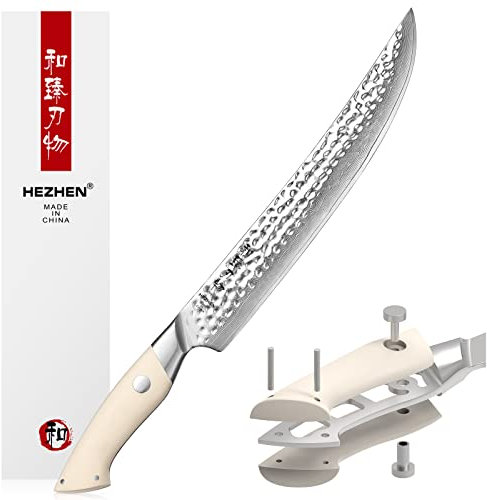 HEZHEN 25,5CM Coltelli da Intaglio, Coltello da Carne Professionale Acciaio di Damasco, Manico in G10 Bianco Avorio