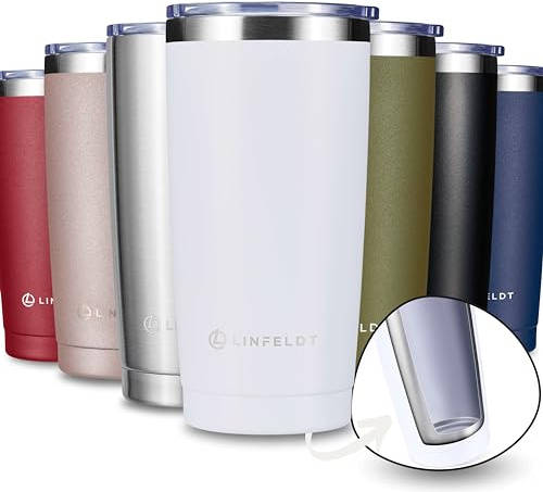 LINFELDT Thermobecher 590ml aus Edelstahl - 1H Heiß & Kalt - Doppelwand Vakuum 17x10 cm Thermo Becher mit Kunststoffdeckel - Gummidichtung (White)