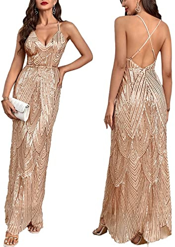 Women's V Neck Spaghetti Straps Sequin Sparkly Glitter Irregular Hem Prom Dress Backless Maxi Evening Gowns XL Beige