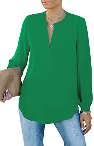 Homlan Chemisier élégant pour Femme - Col en V - Manches Longues - Décontracté - Tunique à Manches Longues - Couleur Unie, Vert, M