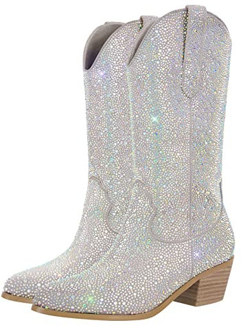blingqueen Cowboy Stiefel Glitzer Boots Western Absatz Silber 40 EU