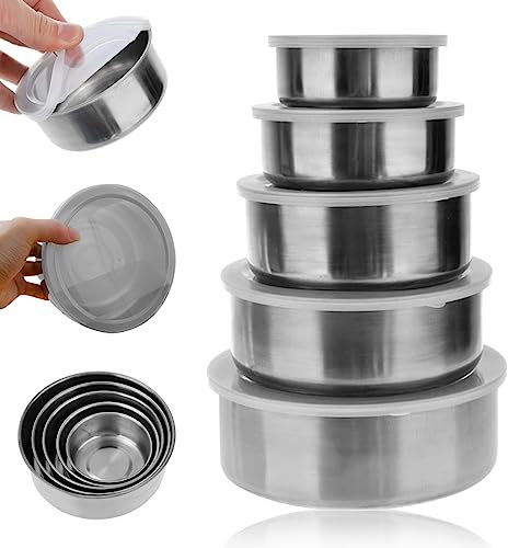 Jorzer Mixing Bowl Set Edelstahl Salatschale mit Alright Deckel Backnistschüsseln 0,3, 0,51, 0,82, 1,22, 1,7 l vielseitiger Metall -Servingschale für Küchentätigkeitsaufbewahrung 5pcs Set