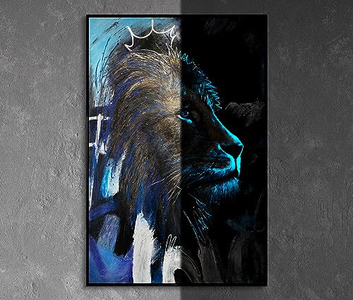 YS-Art XXL Abstrakt Fluoreszierendes selbst leuchtendes Acryl 3D Gemälde auf Leinwand Erwachen der Kraft handgemalt Wohndekor Löwe Bild echte Kunst 120x80 cm