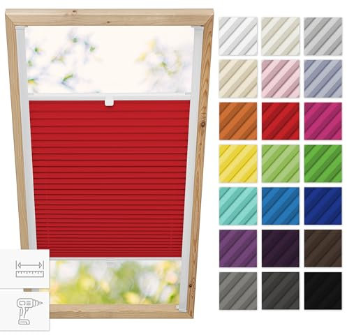 Estika Dachfenster plissee mit Bohren für Velux Fenster - Modell: C06 - Stofffarbe: Rot - Dachfenster Rollo, Fensterrollo innen, Fenster plissee