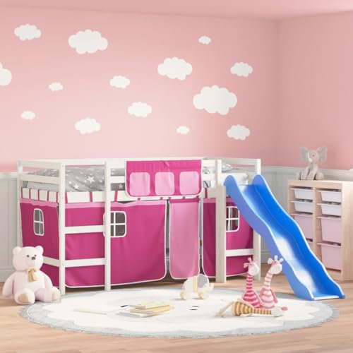Festnight Hochbett Kinder mit Rutsche Vorhang Spielbett Kinderbett 80x200 cm Kinderhochbett Etagenbett Hausbett Holzbett mit Leiter Einzelbetten Jugendbett Rutschbett Halbhochbett