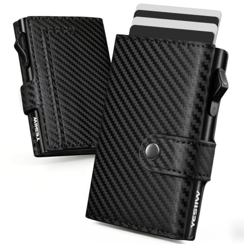 YESIIW Credit Card Holders Wallets for Men RFID Blocking Leather Minimalist Smart Pop Up Trifold Wallet with Magnetic Coin Pocket, Button Closure, Holds Up to 9 Cards, 2 ID Window(Carbon Fiber)