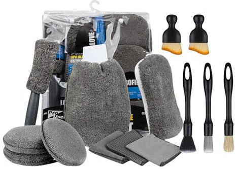 Auto Reinigungsset,14Pcs Autowäsche Set Auto Waschen Set mit Reifenbürste, Staubentfernungsbürste Mehrzweck-reinigungstüchern Polierpad und Schwamm, Innenreinigung Weiche Bürste für Automovie (Grau)