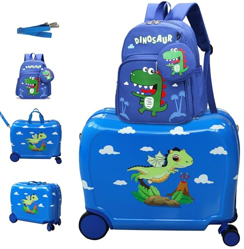 R.Leone Valigia Cavalcabile per Bambina EasyJet 45x36x20 cm + 30x23x14 cm Set 2 Pezzi Trolley Bagaglio a mano 4 Ruote e Zaino 325 (Dinosauro, Valigia 45x36x20cm+Zaino)