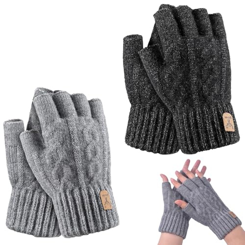 2 Paires de Gants sans Doigts, Mitaines Thermiques Tricotées d'Hiver pour Activités Extérieures, Gris Foncé et Gris