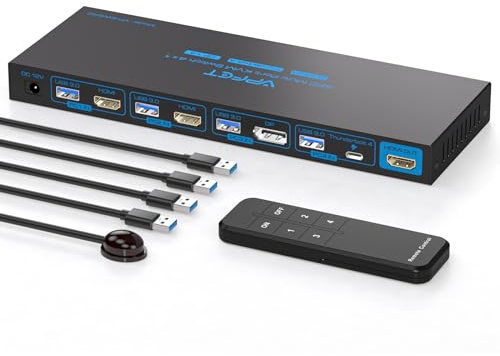 4K144Hz KVM Switch 4 Computers 1 Monitor USB3.0 DisplayPort+2HDMI+USB C KVM Switches 4 Ports for 4 Computers Share 1 Monitor and Keyboard Mouse etc. with Controller