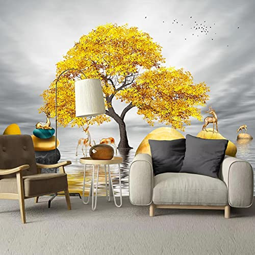 Carta da parati 3D personalizzata con grande albero dorato e alce, design creativo moderno per studio, soggiorno, divano, camera da letto, fotomurale di grandi dimensioni, 420 cm (larghezza) x 260 cm