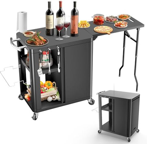 Chariot de table à roulettes d'extérieur avec rangement, plan de travail extensible (145 cm (L) x 61 cm (l) pour plaque chauffante Blackstone, four à pizza, chariot de bar, îlot de cuisine d'extérieur