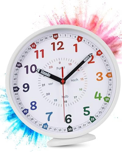 LATENO - Wanduhr Kinder Weiß - zum Aufstellen oder Aufhängen - 25 cm - Analoge Kinderwanduhr für Jungen & Mädchen - Lernuhr Kinder ohne Tickgeräusche - Wanduhr Kinderzimmer lautlos - Uhr Kinderzimmer