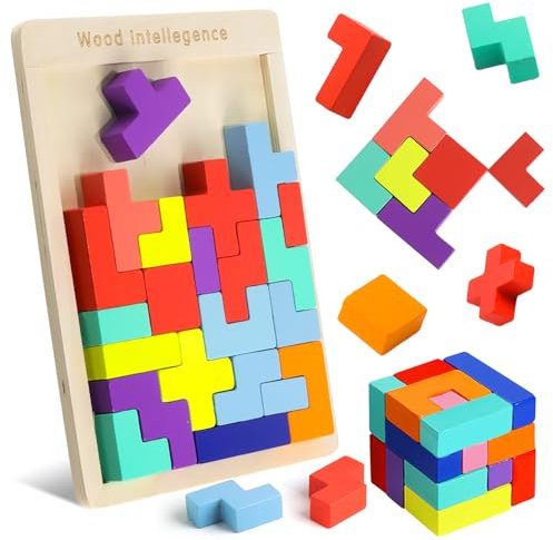 Demarsen 3D Puzzle Tetris Spiel Kinder Holz Tangram Puzzle mit 30 Stück Intelligenz Bunte Bausteine 3 in 1 Tangram Holzpuzzle Kinder Montessori Spielzeug Lernspielzeug Geschenk für Jungen Mädchen