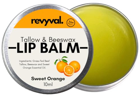 Revyval Tallow & Beeswax Lip Balm - 100% Natural Moisturising Lip Care Soothes Dry, Cracked Lips - Grass-Fed Beef Tallow & Organic Beeswax - Non-Toxic - Sweet Orange - 10ml