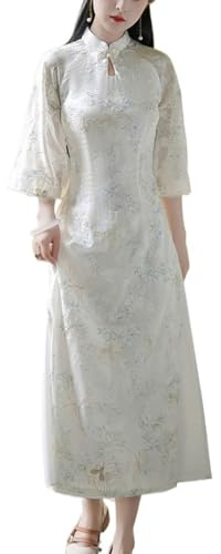 SXTYYH L'été Traditionnel Robe Vietnamienne Ao Dai for Femmes Robes Chinoises Mousseline Broderie Robe Cheongsam Manches Longues Qipao(S)