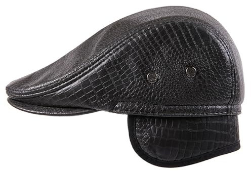 Herren-Schiebermütze aus Leder mit Ohrenklappen, Krokodilmuster, Newsboy-Mütze, Schiebermütze aus Leder, Schwarz , L