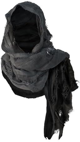 Hooded Shawl With Viking Brooch | Cowl Scarf Rogue Medieval Cloak Renaissance Costume Cape Accessories (Black)