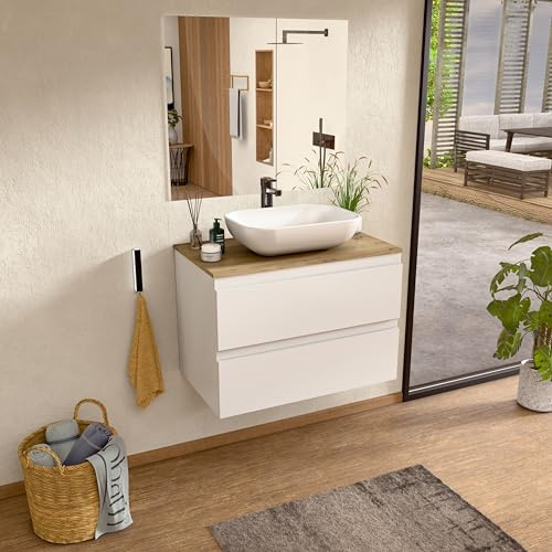 BELLOBATH Mueble Baño Suspendido 100 cm Blanco/Roble, Lavabo y Espejo