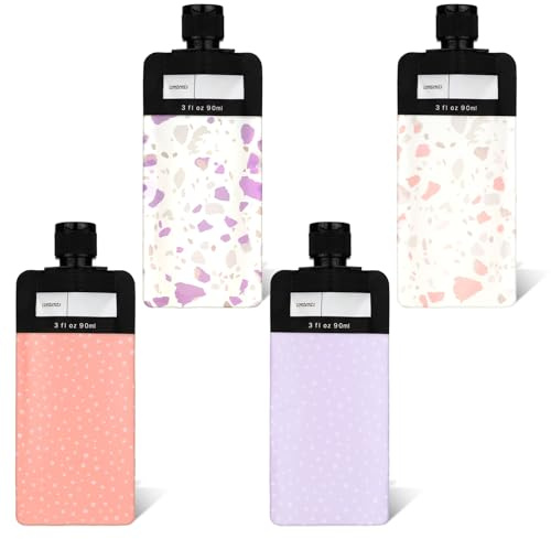 Aiyorse Reseflaskor paket med 4 påfyllningsbara tomma klämpåsar, 90 ml läckagesäker reseflaskeset, resebehållare, enkla påfyllningsbara tomma klämpåsar för flytande smink för schampo, balsam, E