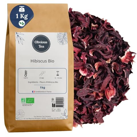 Fleurs d'Hibiscus Bio Entières et Coupées - Infusion Nature en Vrac, 100% Naturel, Sans OGM, Agriculture Biologique - Idéal pour Bissap - Fabrication Française - Sachet 1 kg (500 Tasses)