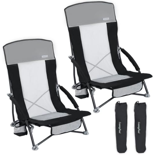 SUNNYFEEL Folding Beach Chair, High Back Beach Chairs for Adults, Lightweight Portable Camp Chair 300lbs Heavy Duty with Carry Bag, Cup Holder for Outdoor Travel Picnic Concert, 2 Pack, Black