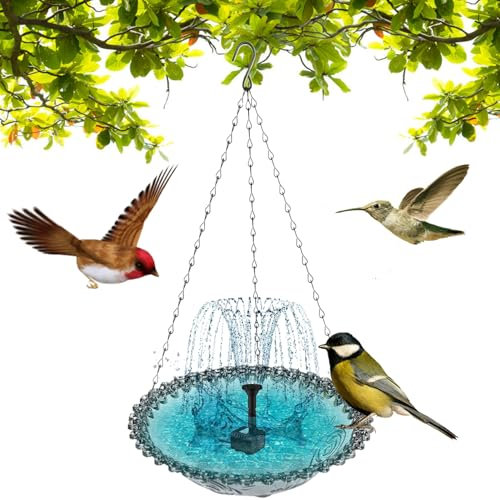 BACCHIO BIRCA sospeso, ciotola da bagno per uccelli in plastica con fontana solare, 9.3x18.1 in alimentatore rotondo multifunzionale alimentatore selvatico per il giardino del balcone, solare grigio