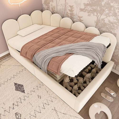 Easexcy Polsterbett, Daybett, Tagesbett Schlafsofa mit hydraulischem Stauraum, Kinderbett mit Metall-Lattenrost, Samt, ohne Matratze (Beige, 90x200cm(Innenmaße))