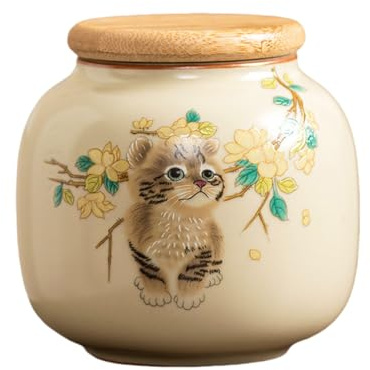 Fire Kirin 9oz Small Ceramic Tea Canister with Airtight Lid - Adorable Animal Design Storage Jar for Loose Leaf Tea, Coffee, Sugar, Cookies - Decorative Kitchen & Pantry Organizer (Cat-A)