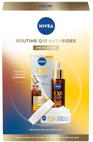 NIVEA - Coffret Soin Visage Anti-Âge Q10 Anti-Rides - Sérum Double Action Anti-Rides (30 ml) + Soin de Jour Anti-Rides & Fermeté (50 ml) - Q10 Pur, Créatine & Glycostop - Tous Types de Peaux