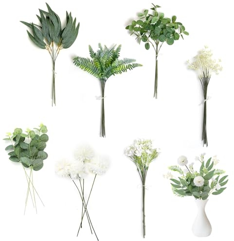 KQDRAVINE 59 ramas y flores artificiales, decoración de flores falsas, flores artificiales blancas, hojas verdes, ramas de eucalipto artificiales, hortensias de eucalipto, ramo de flores artificiales