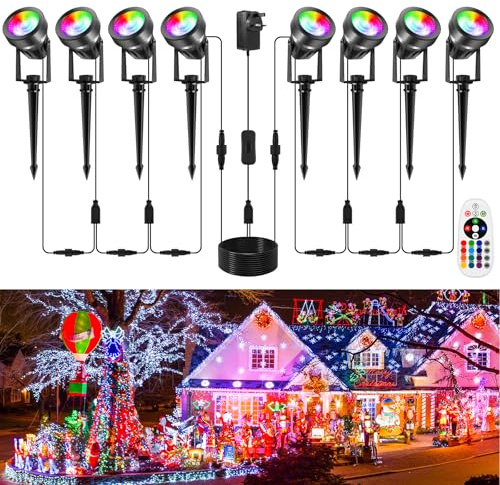NATPOW RGB Garden Lights Mains Powered, Spot Lights with Remote Control, 8-in-1 LED Outdoor Landscape Spotlights with Adapter, Waterproof LED Outdoor Spike Lights for Garden,Tree, Lawn, Yard Plant