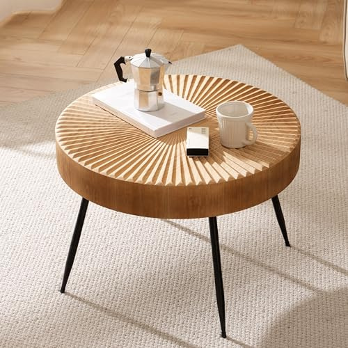 Cagnolier Beistelltisch Rund Holz, 60×42cm Großer Coffee Table | linearem design, schwarzen metallbeinen, fur wohnzimmer, massivholzfurnier, holzfarbe, kleiner couchtisch, handgefertigt