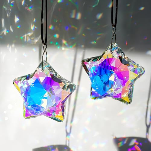 H&D HYALINE & DORA Atrapadores de luz de cristal, prismas en forma de estrella, 5,1 cm, cristales de color AB para colgar, para ventanas, prismas de vidrio arcoíris para el hogar, jardín, decoración