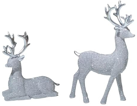 WHangXJangYE 2 Stück Hirsch Figuren Deko, Weihnachts Rentier Statuen Elch Figur Desktop Ornament Harz Rentier Paar Skulpturen Hirsch Dekofiguren Weihnachtsdeko (Silber)