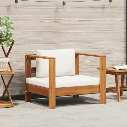 Mokuyary Trädgårdsstol med kuddar, creme, akacia, massivt trä, balkongstol, terrassstolar, matstolar för terrass, trädgård, balkong