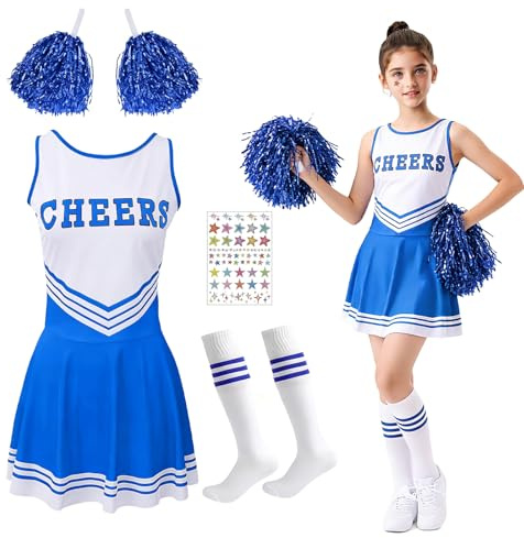 Waldspring Cheerleader Kostüm Kinder, Cheerleadering Outfit Mädchen, Kinderkostüm Cheerleader mit Rock Pompoms Socken und 2 Sticker, Cheerleading Uniform für Karneval Halloween Cosplay (Blau, 150)