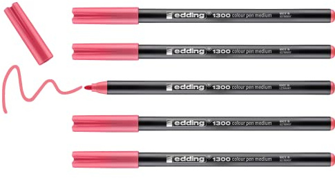 edding 1300 Fasermaler medium - korallenpink - 5 Stifte - Rundspitze 2 mm - Filzstift zum Zeichnen und Schreiben - Filzstift für Schule, Mandala, Bullet Journal