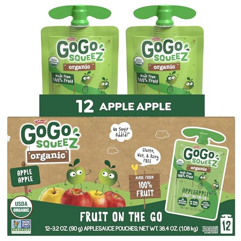 GoGo squeeZ No Sugar Added Organic Applesauce, Apple Apple, 12 Count